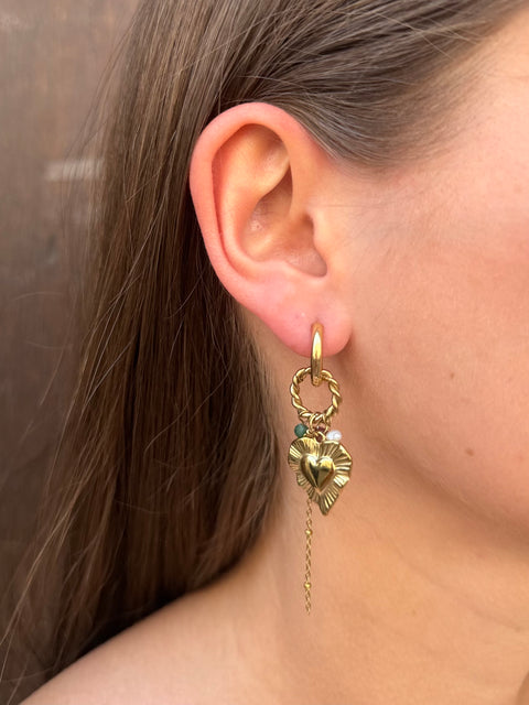 Boucles d'Oreilles Créole Dorée – Pendentif Cœur & Perles