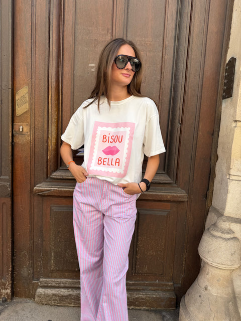 T-Shirt Maria Oversize Écru "Bisou Bella"