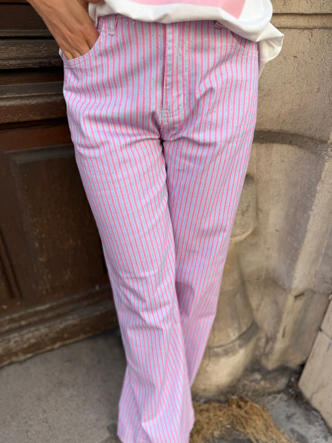 Pantalon Joséphine Droit Rayé Pailleté Rose & Bleu