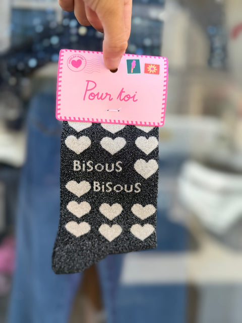 Chaussettes Paillettes "Bisous Bisous" Noir