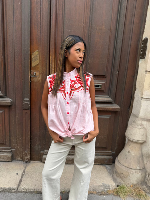 Blouse Laura Sans Manches Brodée Rouge & Rose