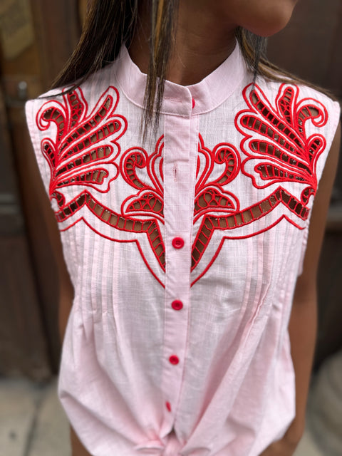 Blouse Laura Sans Manches Brodée Rouge & Rose