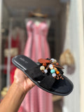 Mules Suède Noire Perles Bohème
