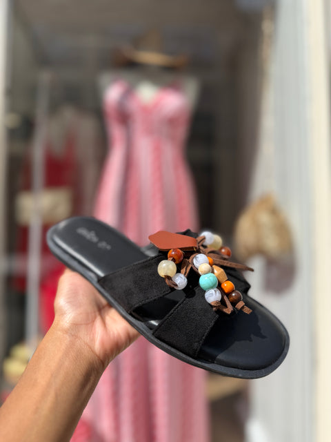 Sandales Eléonore Suède Noire Perles Bohème