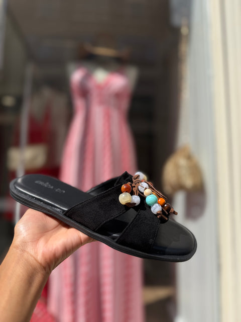 Sandales Eléonore Suède Noire Perles Bohème