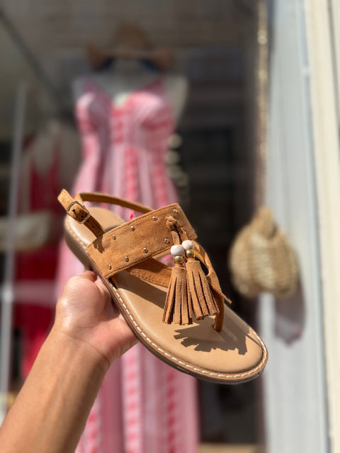 Sandales Pauline Entre Doigts Suède Camel Franges & Perles