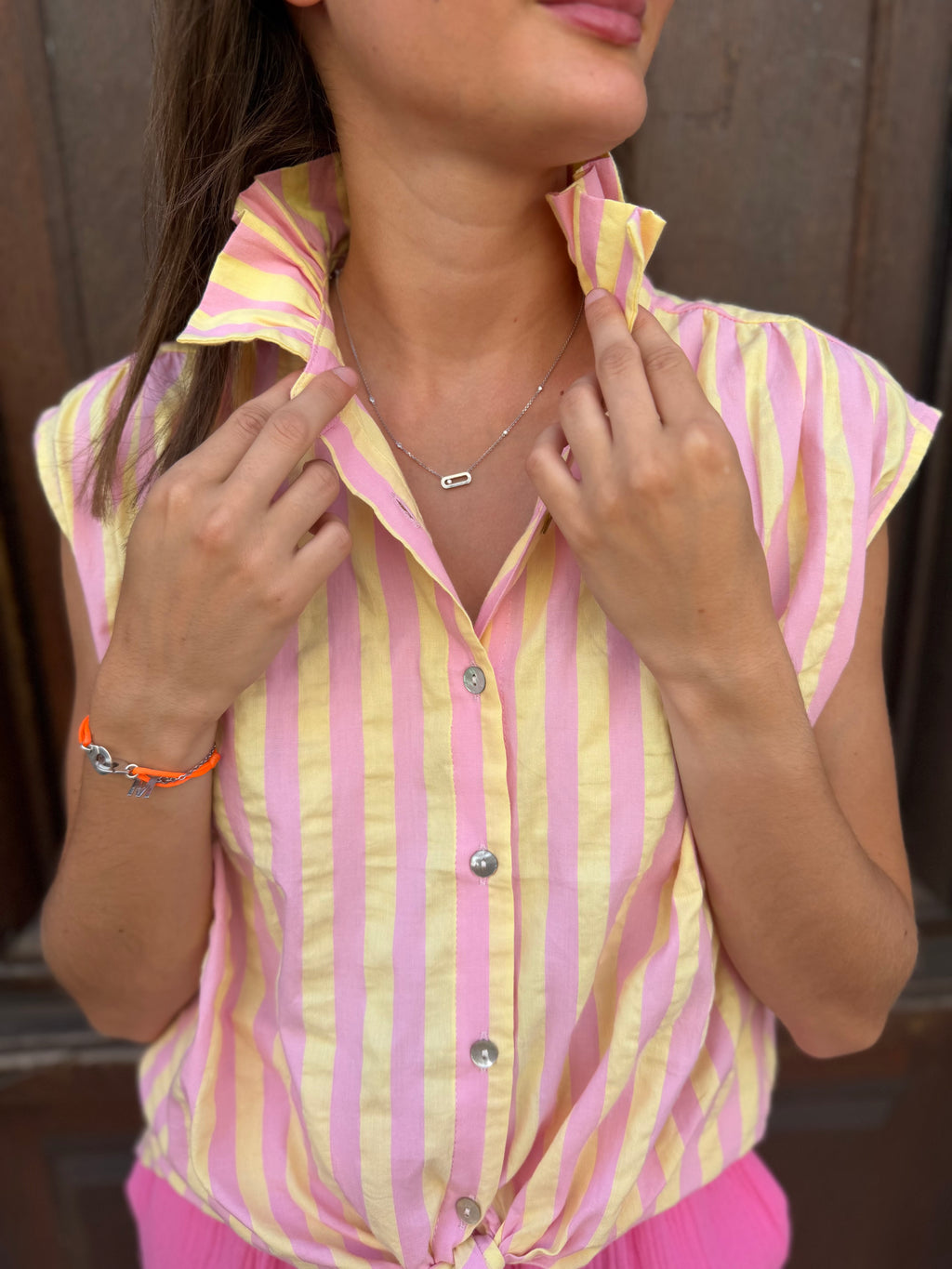 Chemise Rayée Rose et Jaune - Sans Manches