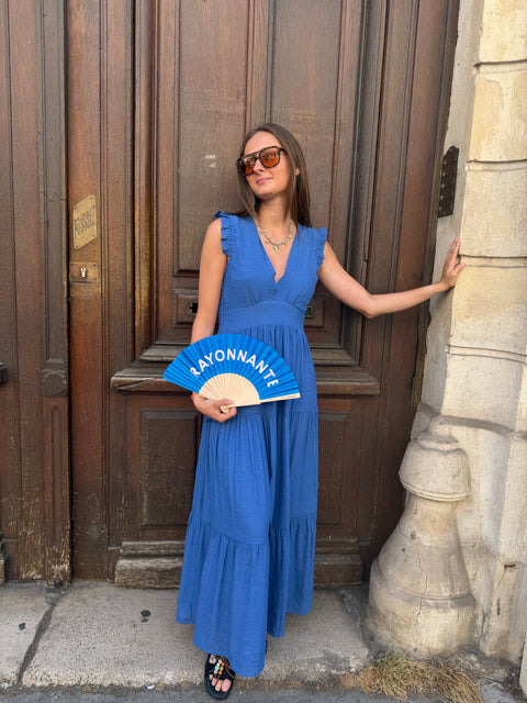 Robe Léa Longue Bleue Fluide à Volants