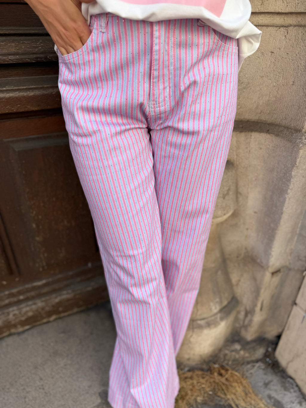 Pantalon Droit Rayé Pailleté Rose & Bleu Ciel