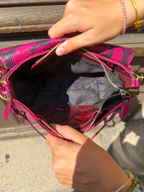 Sac Bobi Cuir Effet Python Fuchsia & Noir